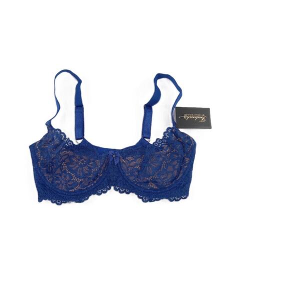 Frederick's of Hollywood Open Cup Sandie Blue Latte Lace Bra 32F - Picture 1 of 4